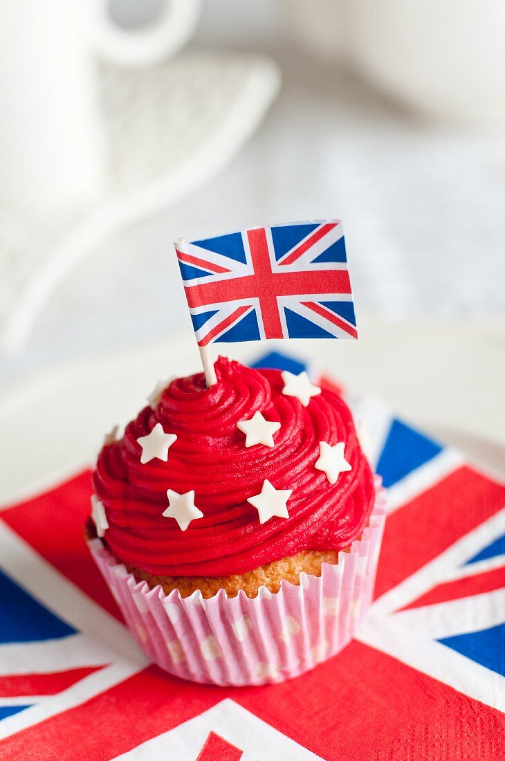 A cupcake decorated with a Union Jack