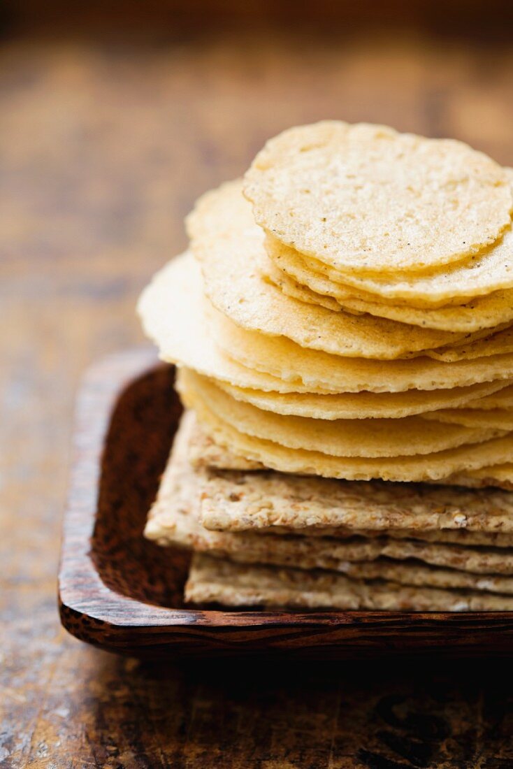 A stack of various crackers