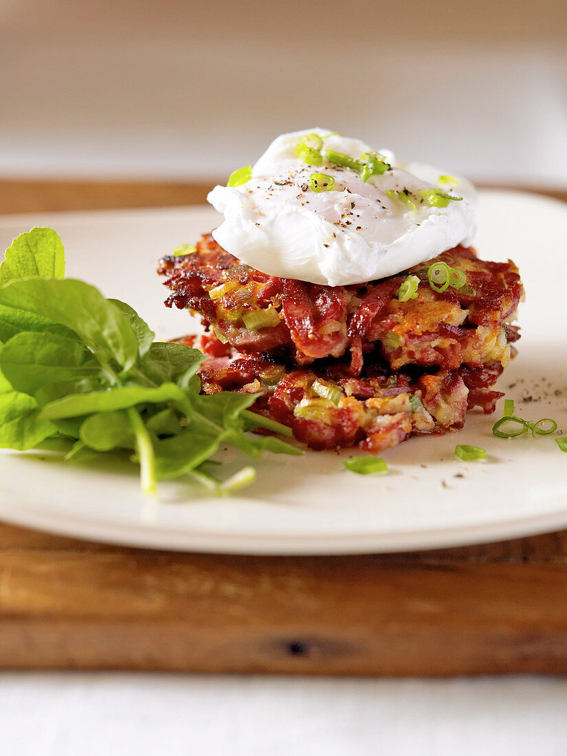 Corned beef burger with a poached egg