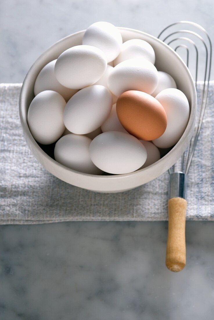 Bowl of White Eggs with One Brown Egg; Whisk