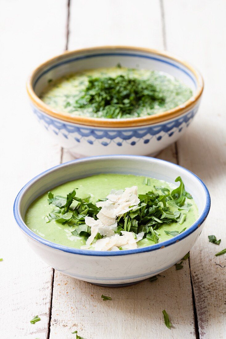 Herb soup and rocket soup with Parmesan