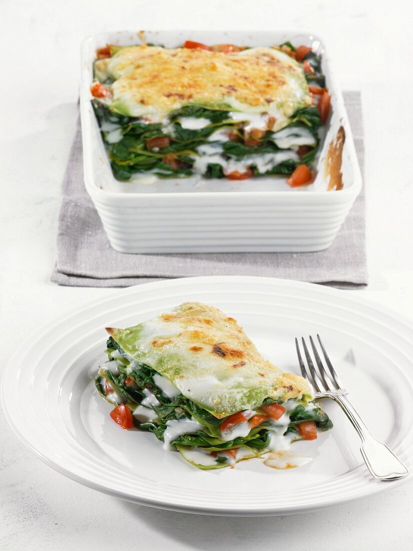 Spinach lasagne with tomatoes