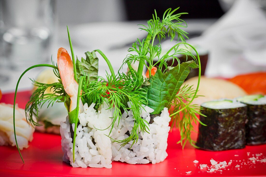 Fresh herbs on a sushi platter