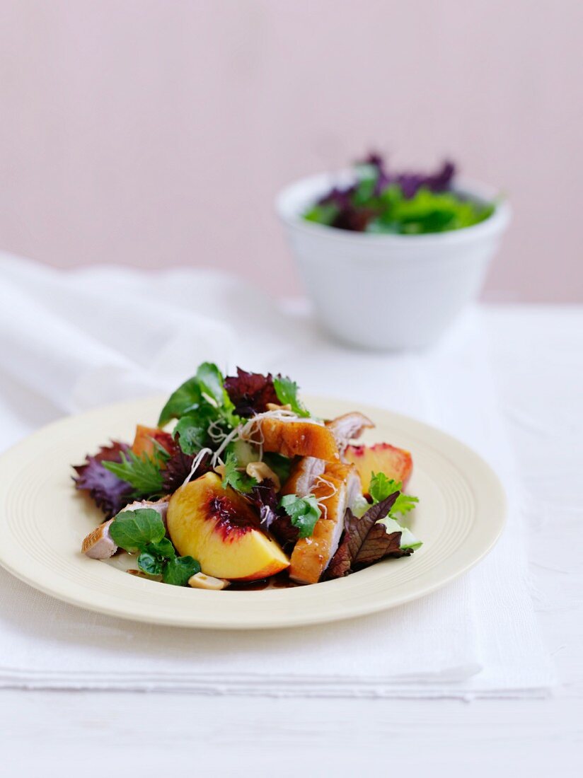 Duck salad with peaches and shiso leaves
