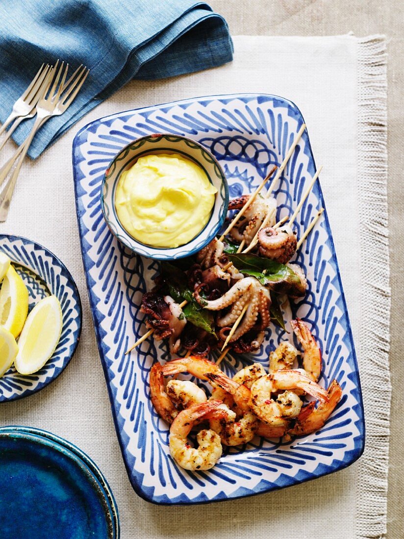 Octopus and prawns with a dip