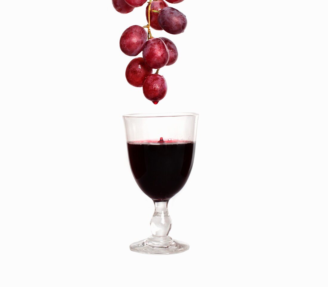 Red wine dripping from red grapes into wine glass