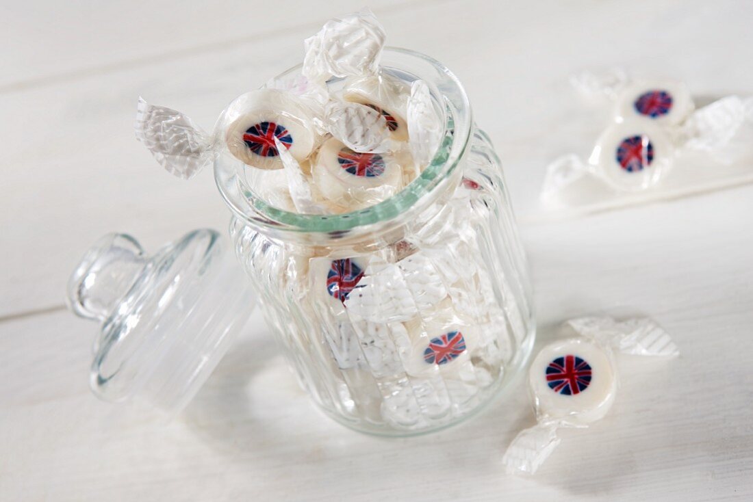 Union Jack bonbons in a jar