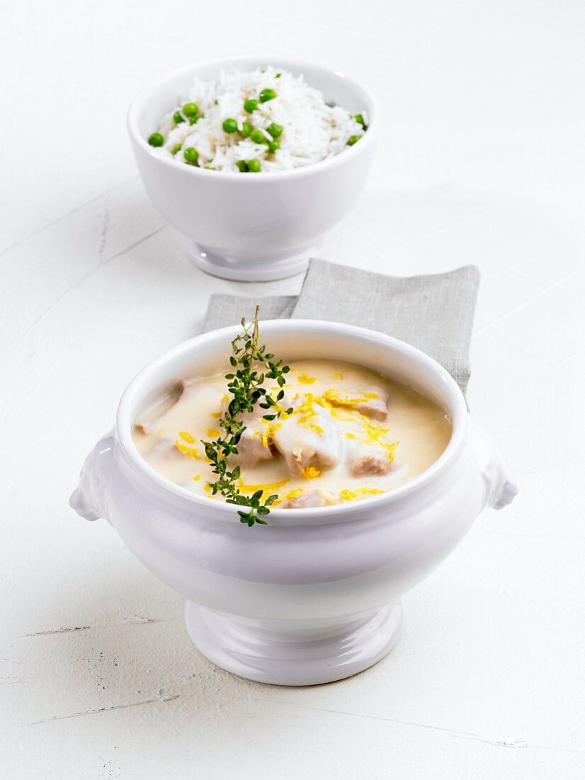 Veal fricassee in a soup bowl