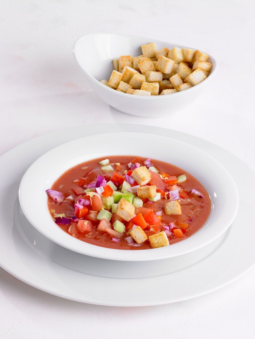 Gazpacho with croutons in a soup bowl