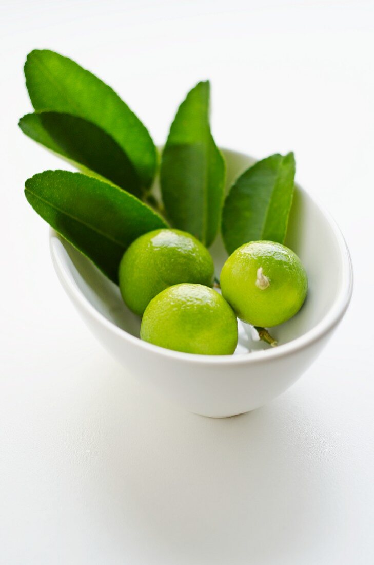 Limes and leaves in a bowl