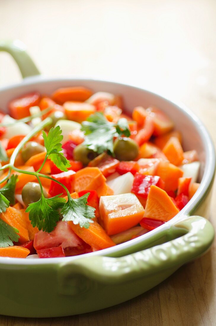 Chopped vegetables with chorizo (ingredients for stew)