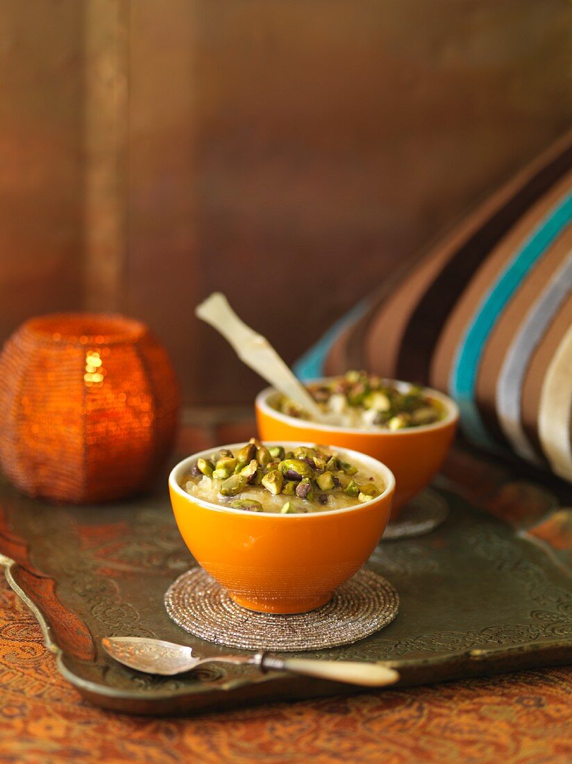 Rice pudding flavoured with orange and pistachios (Morocco)