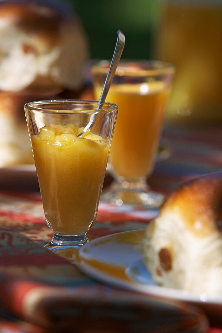 Rosinenbrötchen und Fruchtaufstrich zum Frühstück