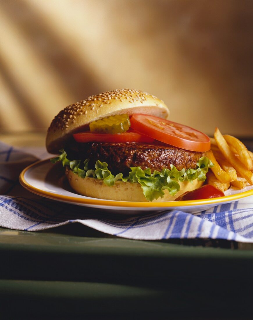 Hamburger mit Pommes frites und Ketchup