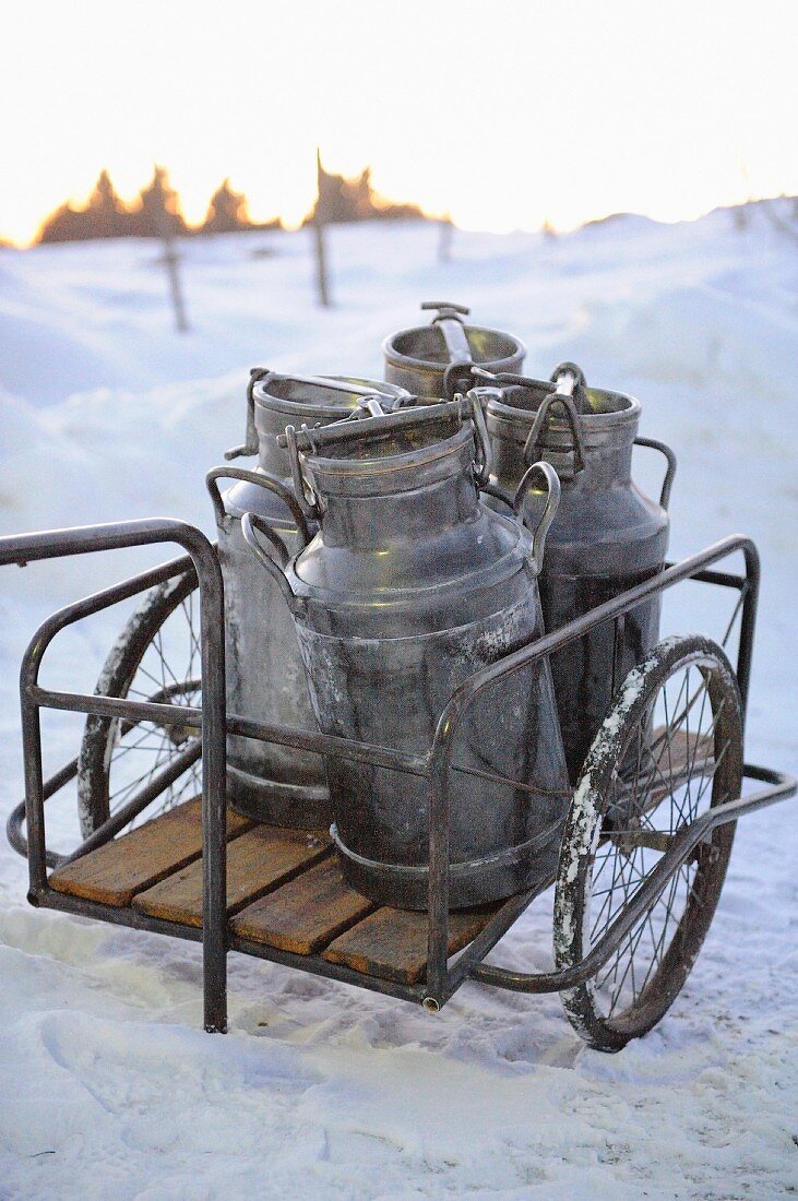Milk churns on a cart in the snow