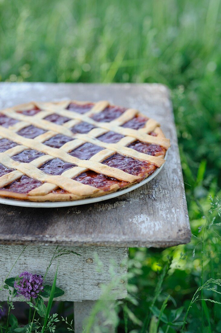 Tarte du Champsaur (Obsttarte, Frankreich) auf Gartentisch