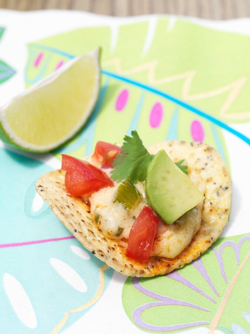 Tortilla chips with warm cheese sauce, avocado and tomatoes