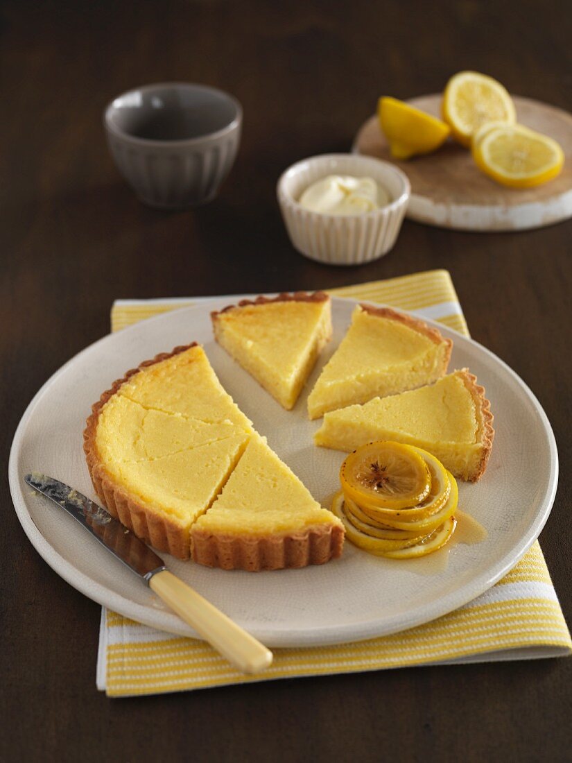 Lemon tart with caramelised lemon slices