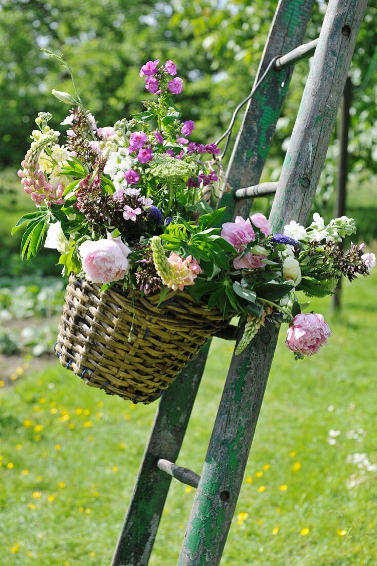 Colourful bouquet of garden flowers in basket hanging on ladder