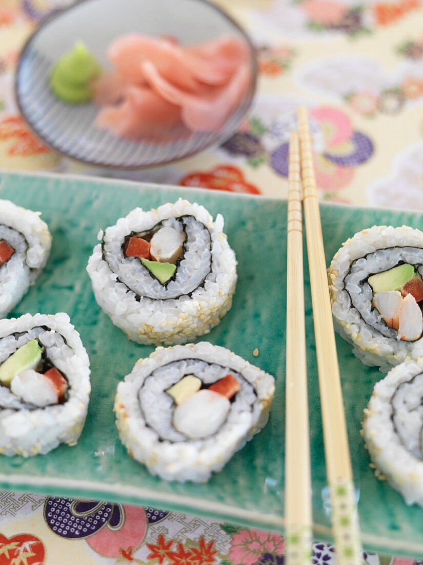 Inside-out rolls with ginger and wasabi