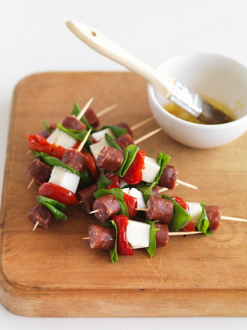 Sausage and cheese kebabs for the barbecue