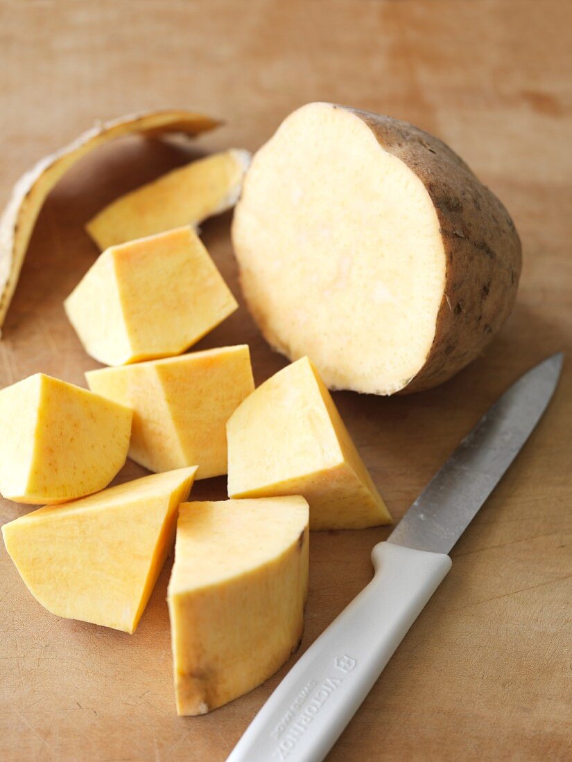 Sweet potatoes, partially sliced