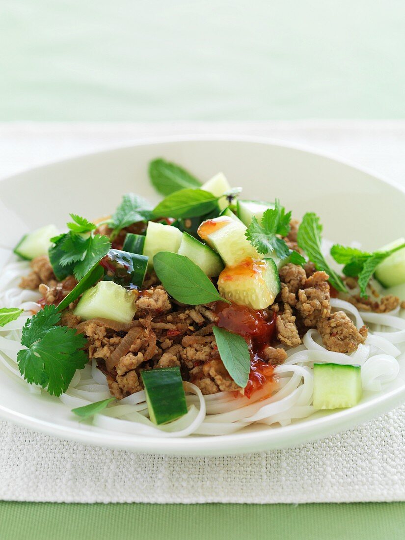 Rice noodle salad with minced pork (Thailand)