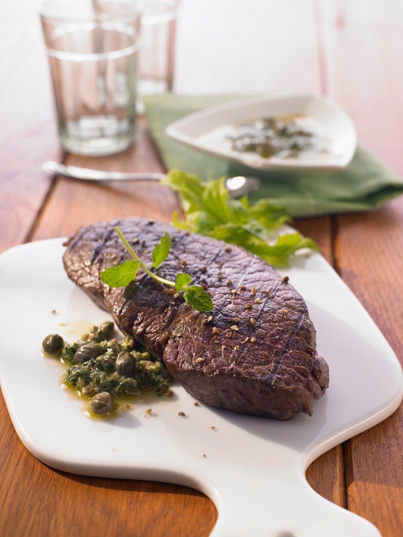 Beef steak with salsa verde