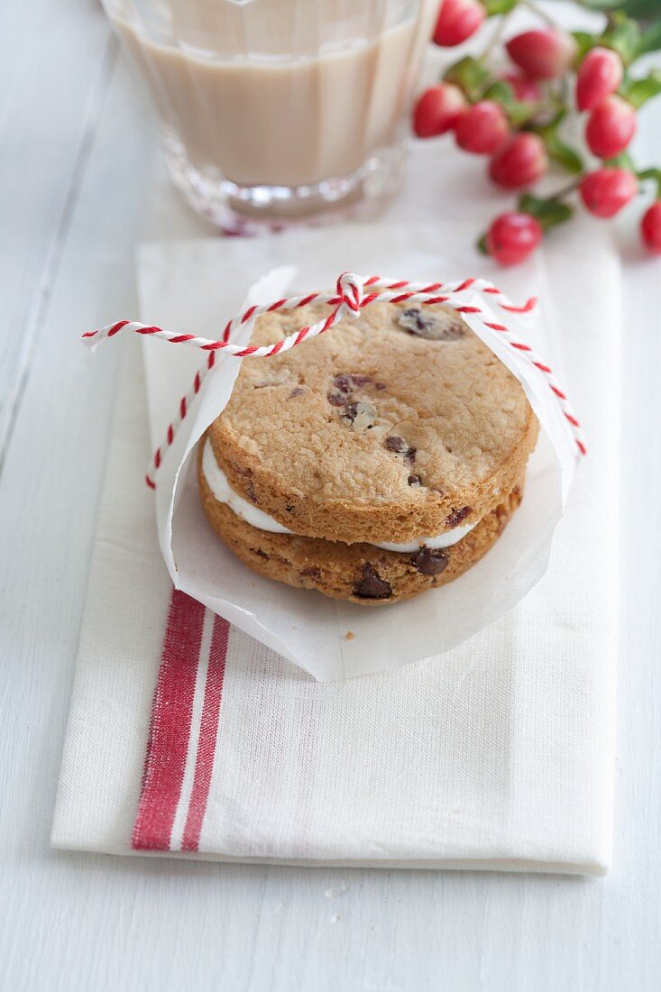 A chocolate biscuit with aniseed cream