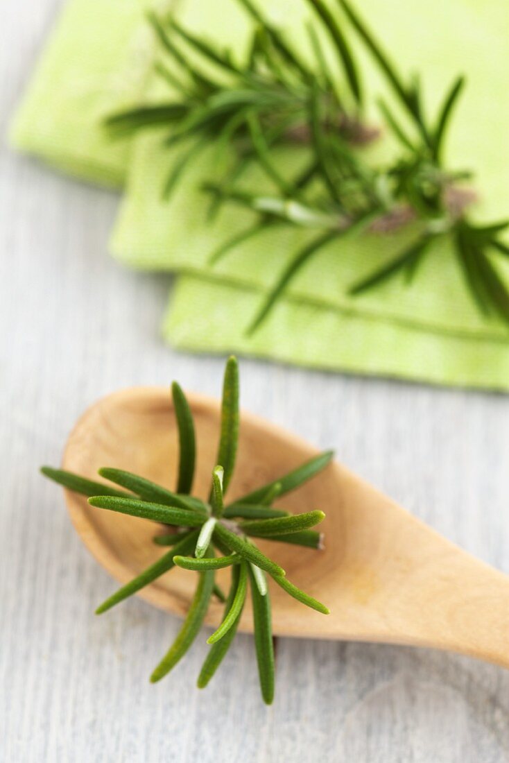 Fresh rosemary on a wooden spoon