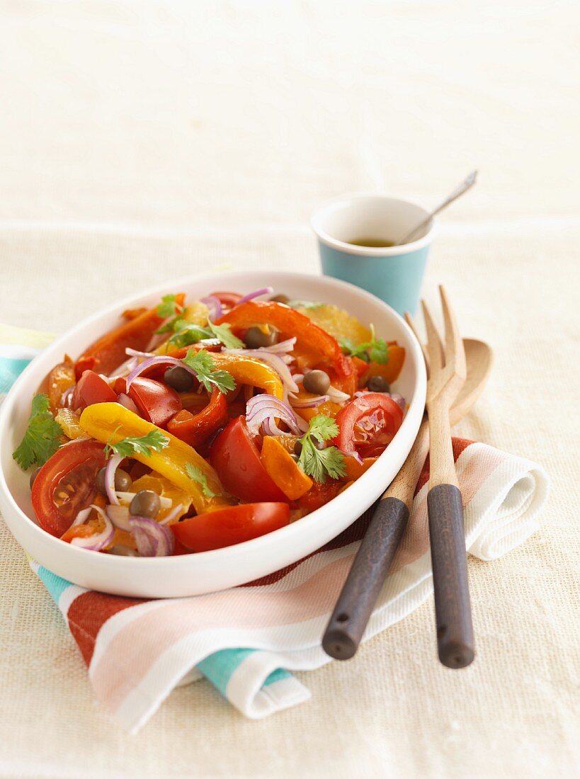 Paprika-Tomaten-Salat mit Oliven & Zwiebeln (Spanien)