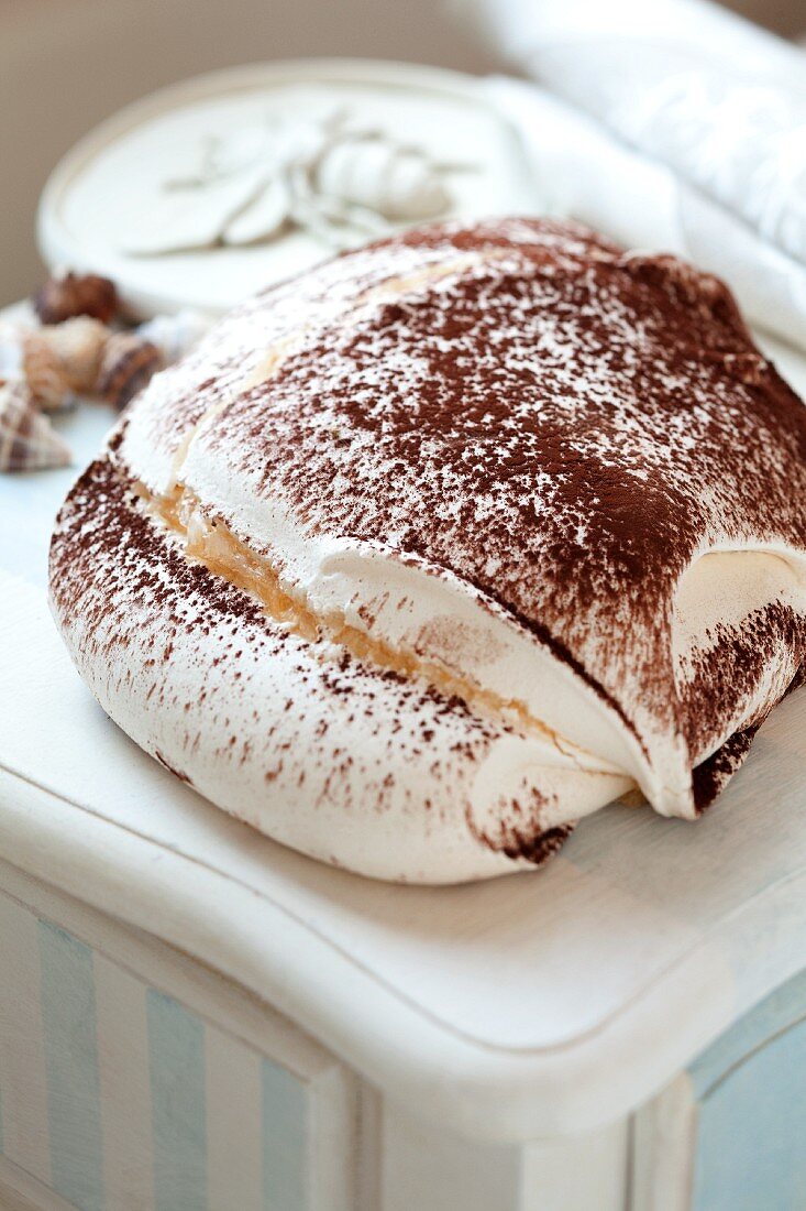 A Meringue Cookie Dusted with Cocoa Powder
