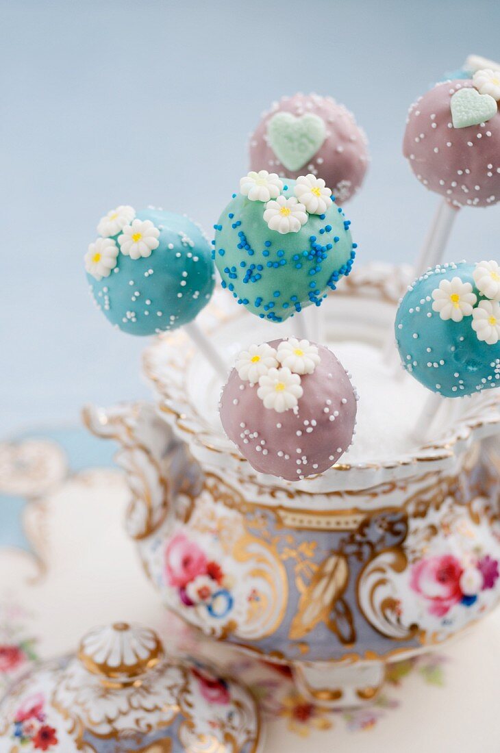 Cake pops in an old-fashioned bowl