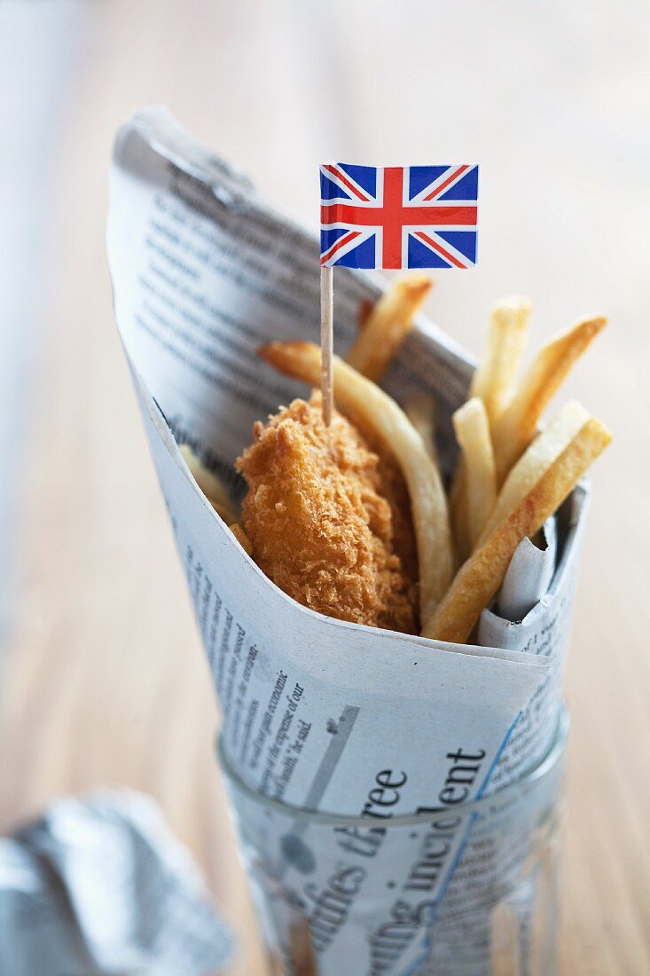 Fish and chips with a Union Jack