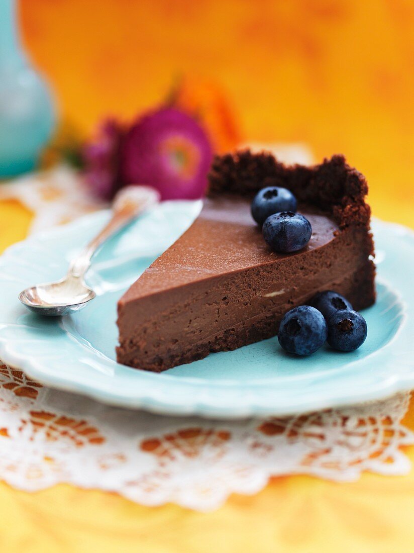 Chocolate mousse tart with blueberries