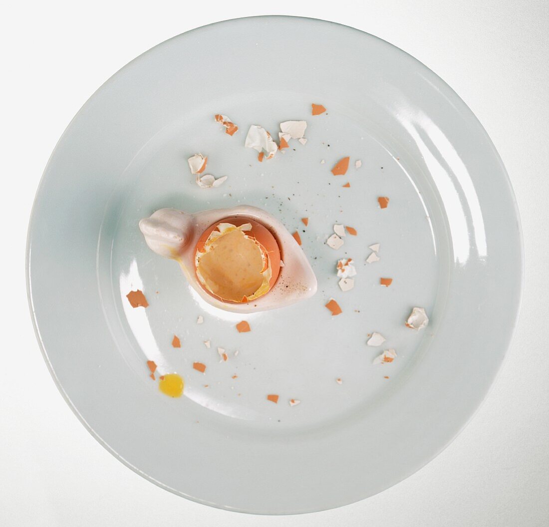 The remains of a boiled egg on a plate