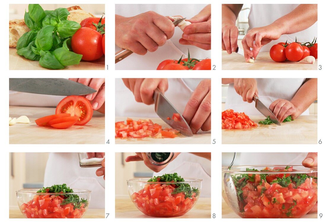 Tomatoes and basil for bruschetta being prepared