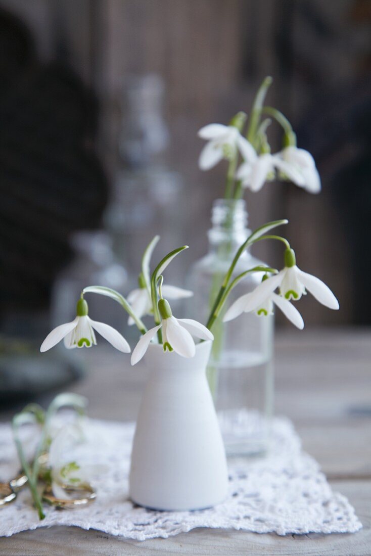 Snowdrops in a white porcelain vase on a lace cloth
