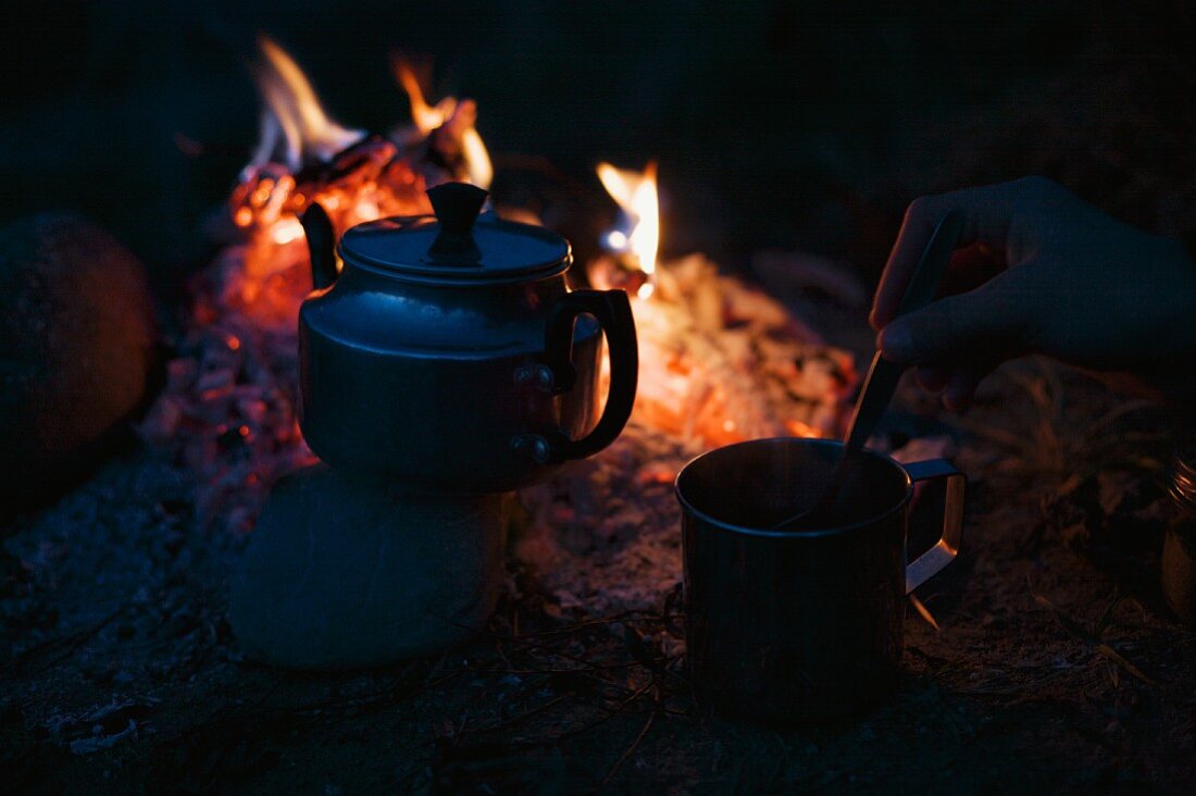 A tea cup and a teapot by a camp fire