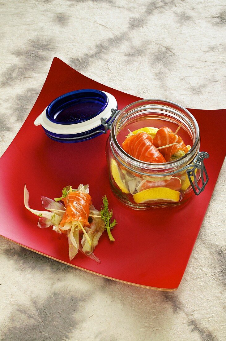Wild salmon rollmops with a fennel salad in a preserving jar