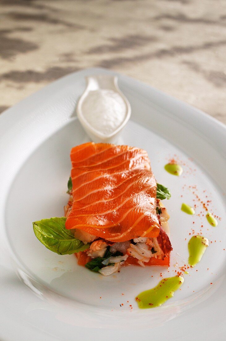 Salmon and lobster sandwich with white tomato foam