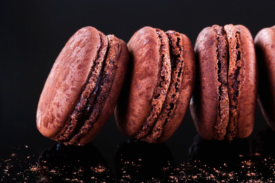 A row of chocolate macaroons