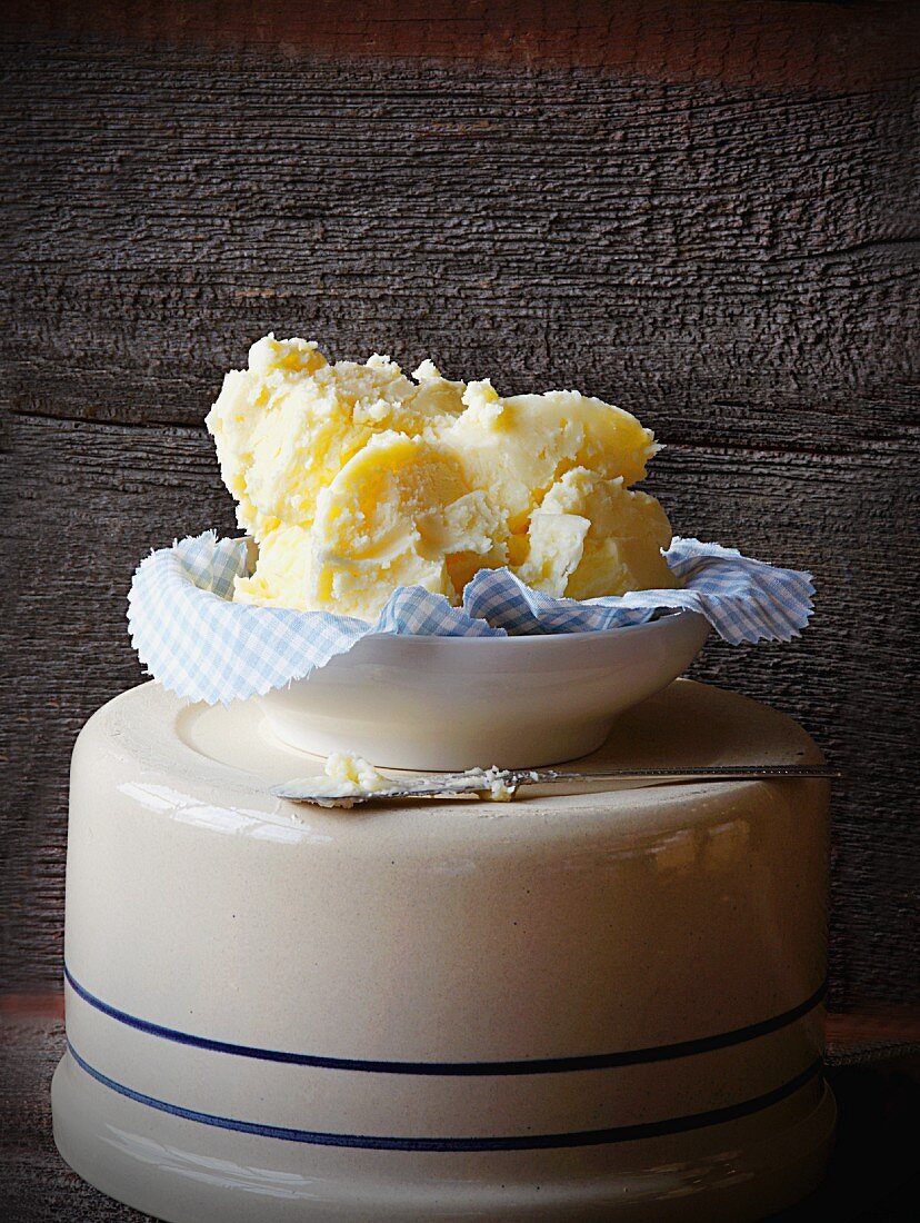 Freshly Churned Butter in a Blue Gingham Lined Bowl