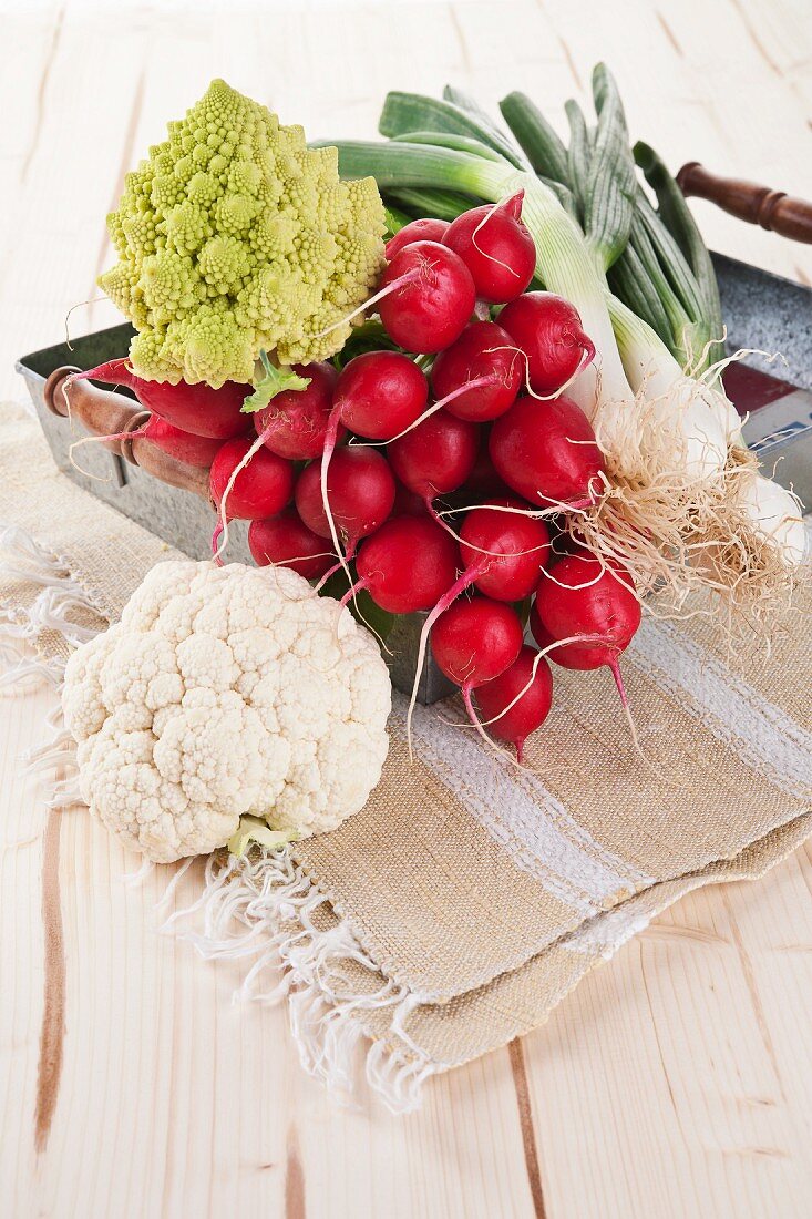 An arrangement of cauliflower, radishes and spring onions