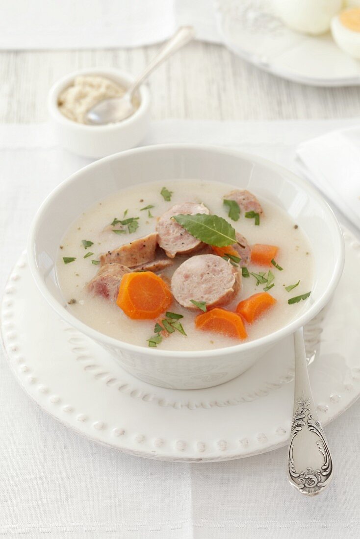 A simple soup with sausages and vegetables