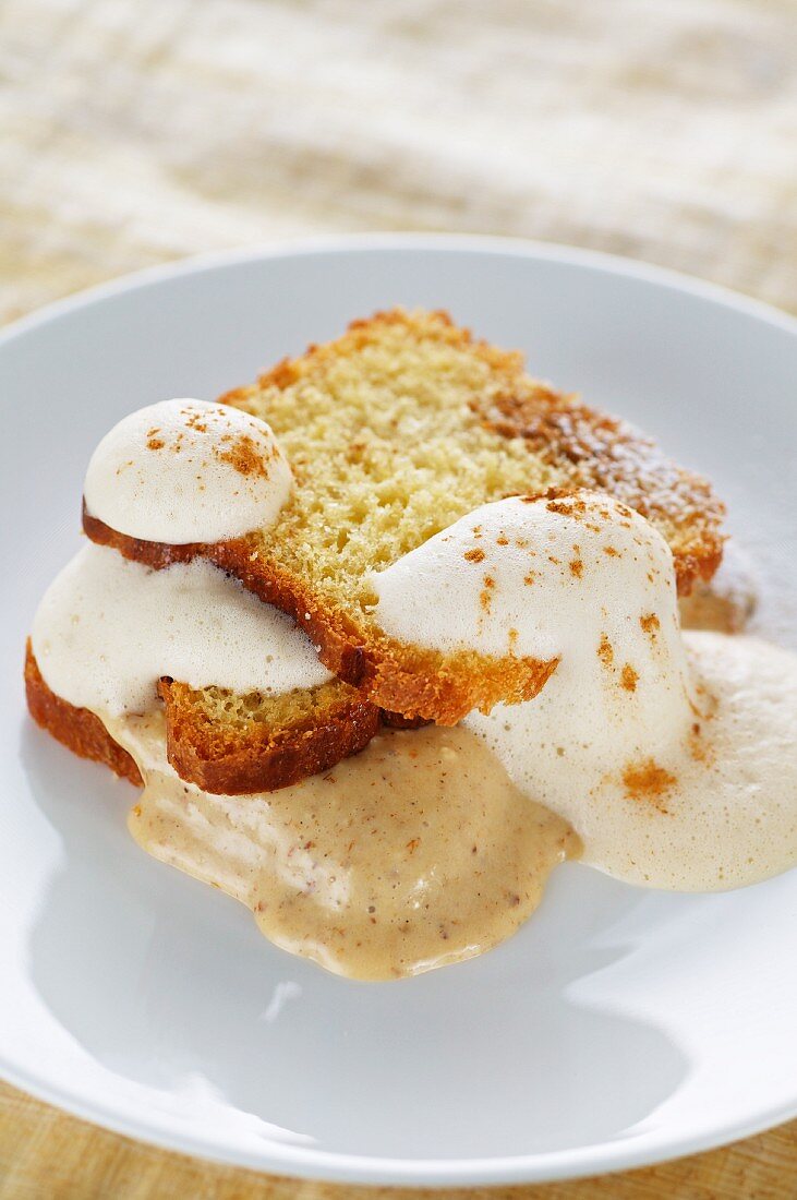 Brioche topped with earth almond creme and rooibos tea sabayon