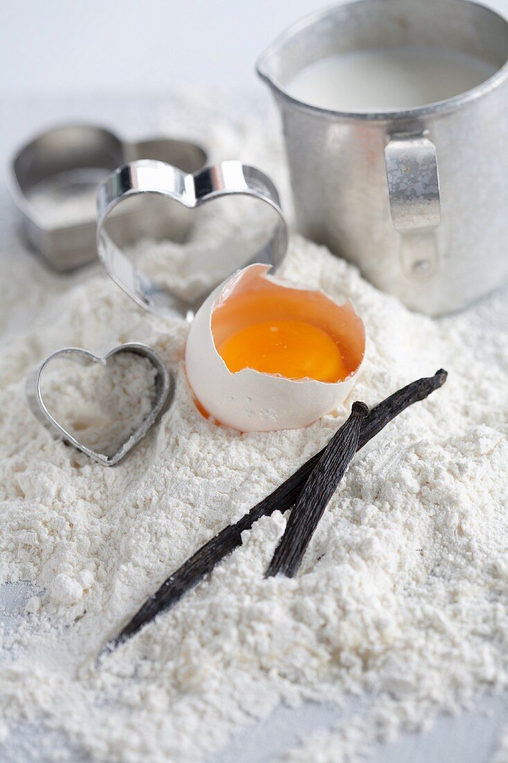 Baking ingredients and heart-shaped cutters