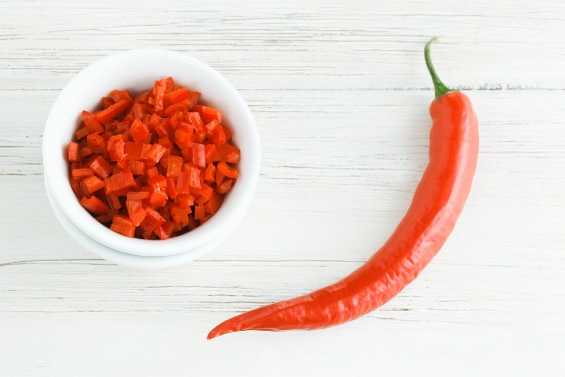 Red chilli peppers, whole and chopped