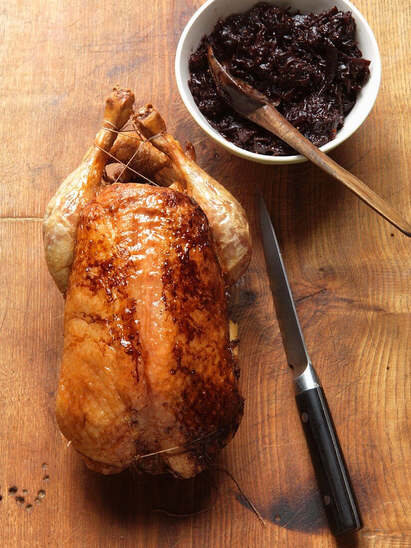 Roast chicken with red cabbage
