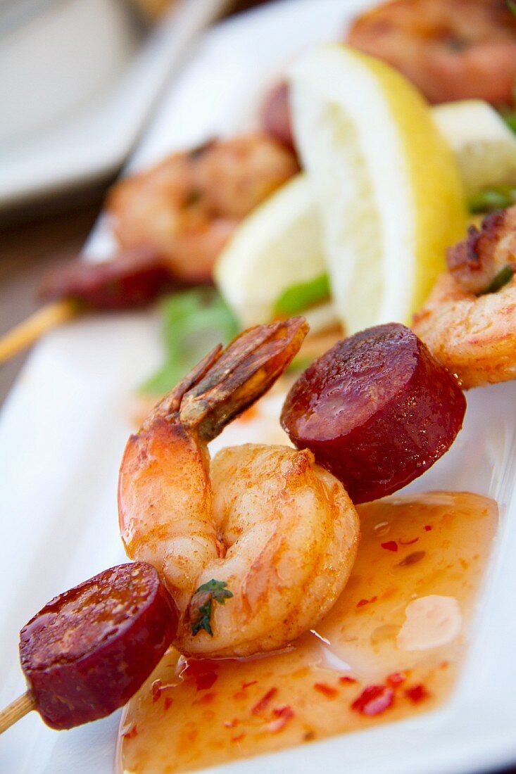 Chorizo and Shrimp Skewer with Sweet and Sour Sauce